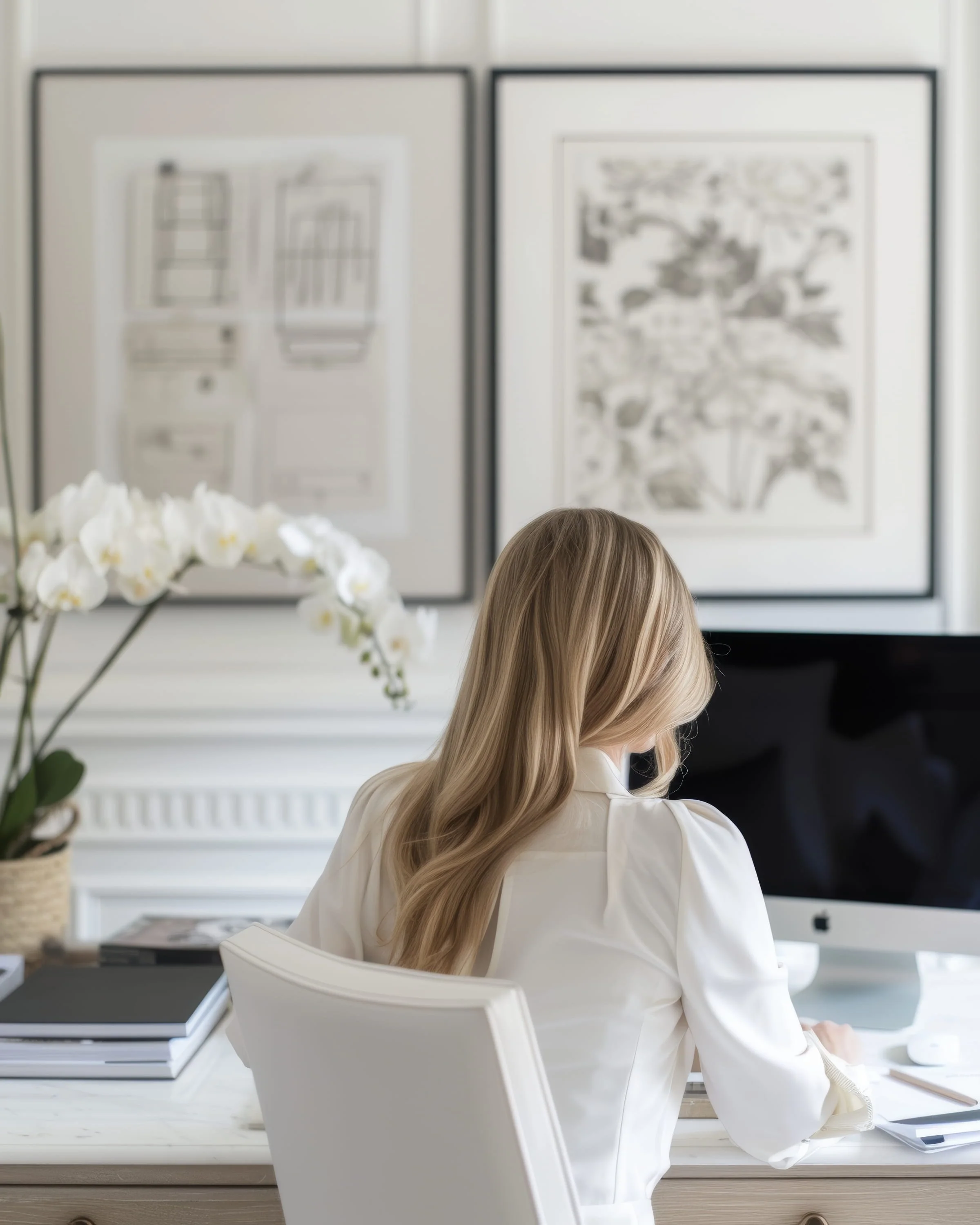 A woman with long blonde hair sitting at a white desk, working on an Apple iMac computer in a bright room with framed artwork on the wall and a potted white orchid plant nearby.