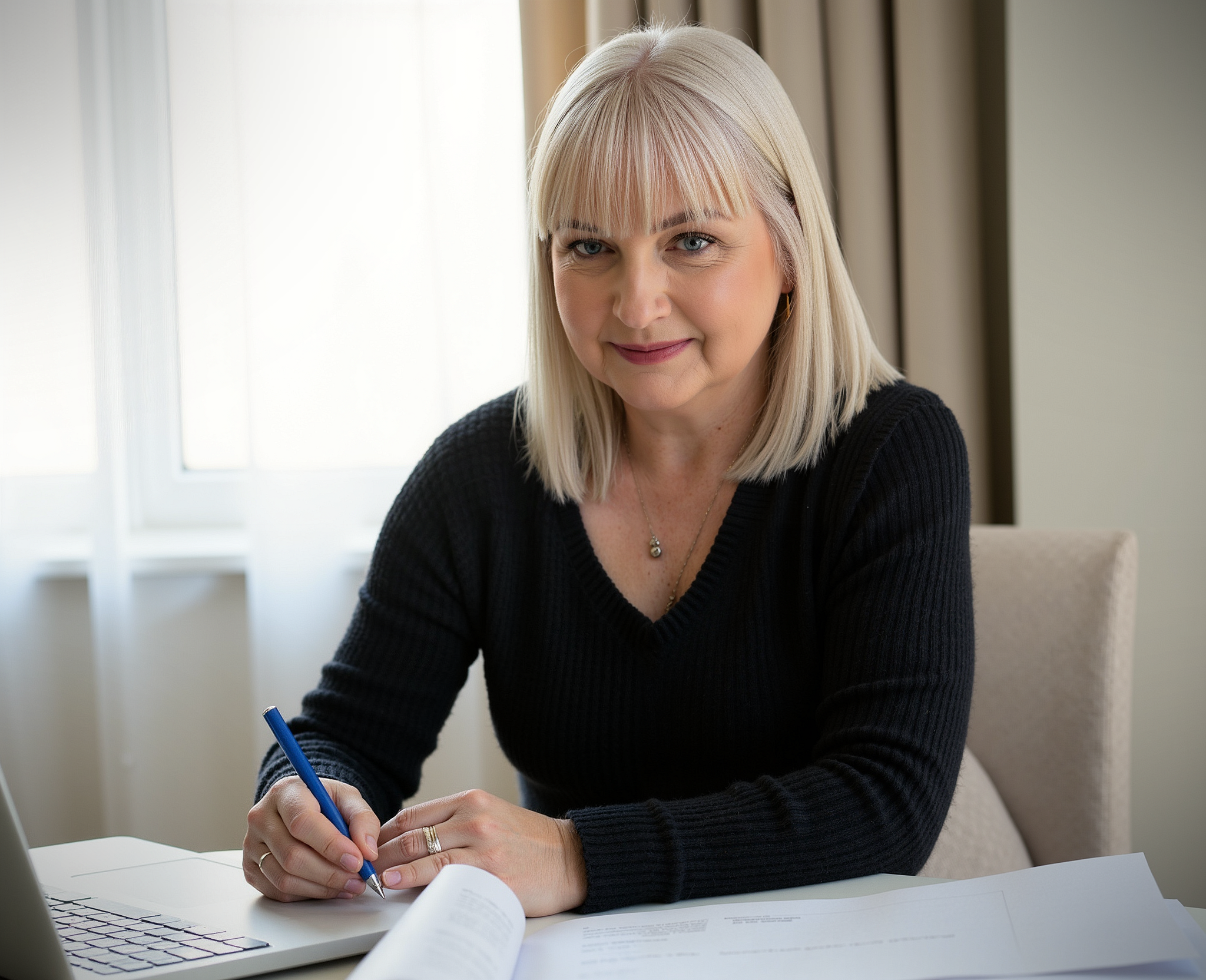 A smiling blonde woman wearing a black sweater sitting at a table with papers, a pen, and a laptop in front of her, in a well-lit room with windows and curtains.
