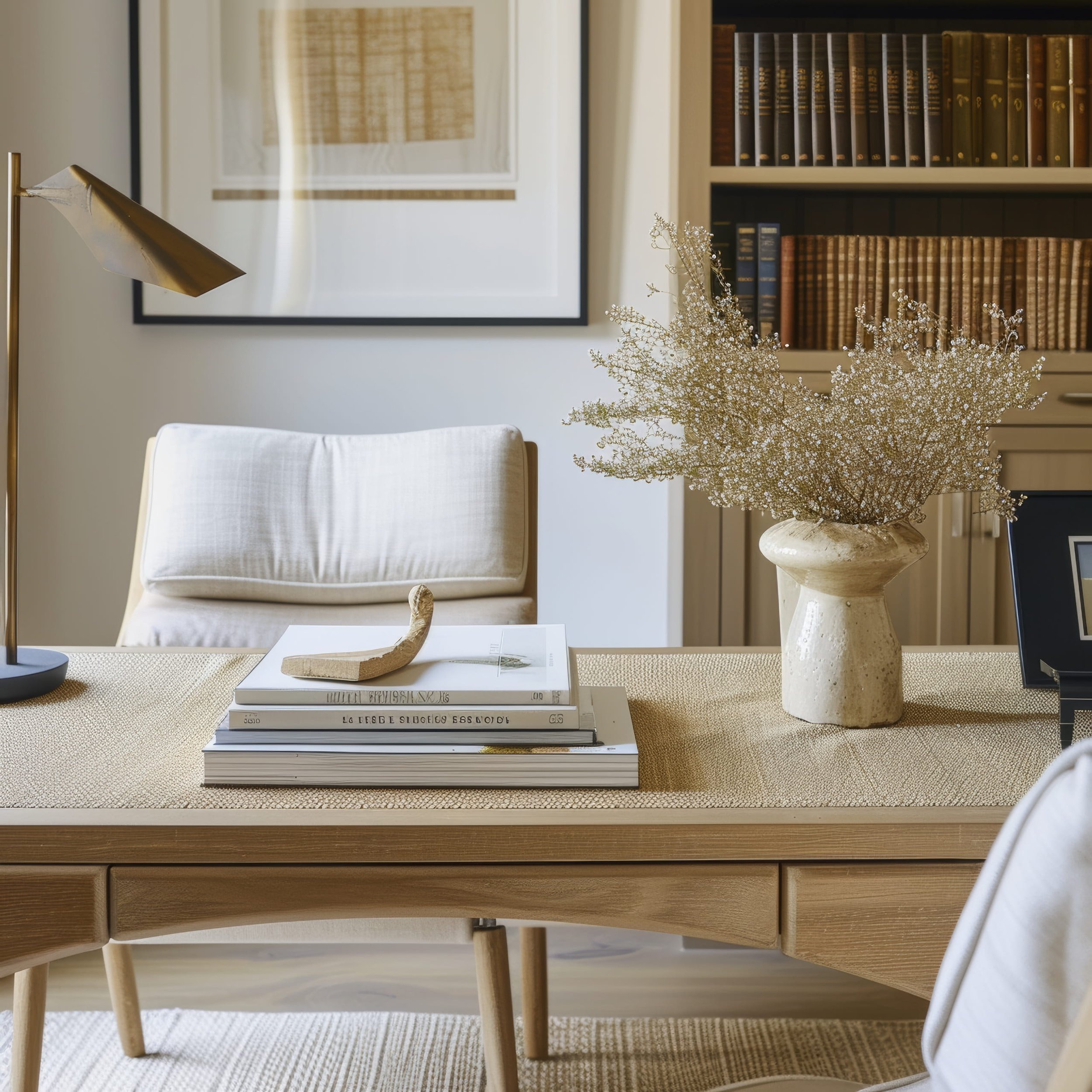 A home office or study room with a wooden desk, a white upholstered chair, a stack of coffee table books, a large ceramic vase filled with delicate dried white flowers, gold desk lamp, framed artwork, and a bookshelf filled with antique-style books.
