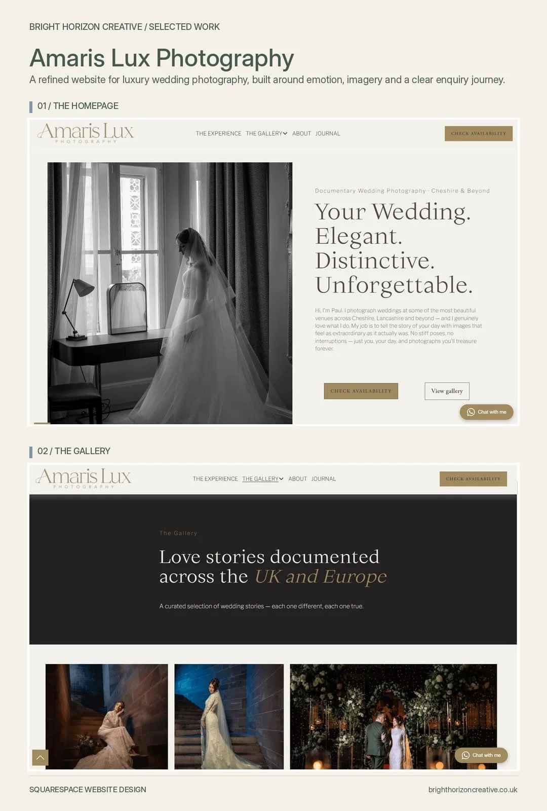 Screenshot of a website for Amaris Lux Photography showcasing wedding photography, including black and white and color wedding images, with menu options and contact buttons.