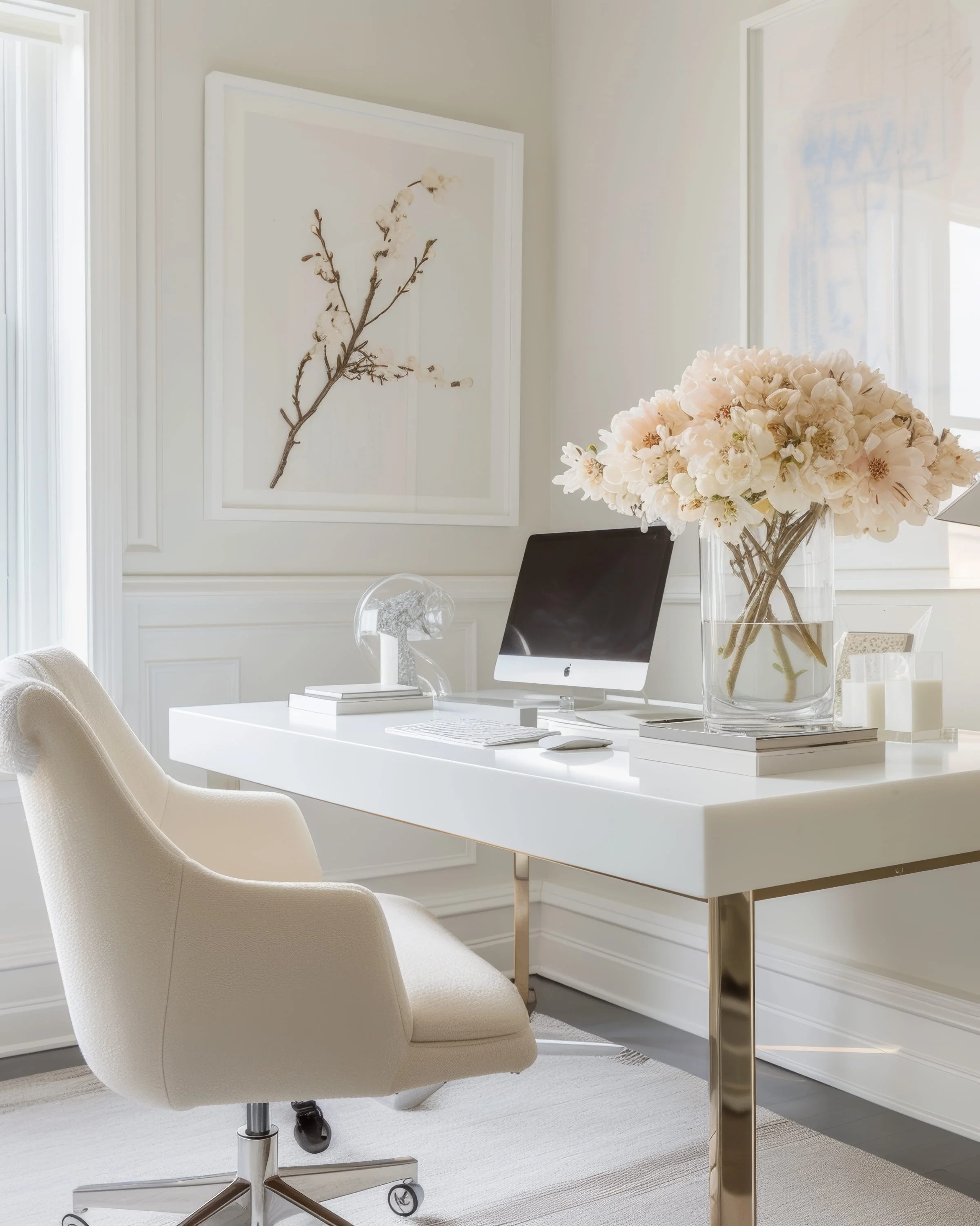 A modern white desk with a computer monitor, a lamp, a large vase of pink and white flowers, and a chair in a bright, minimalist office with white walls and artwork.