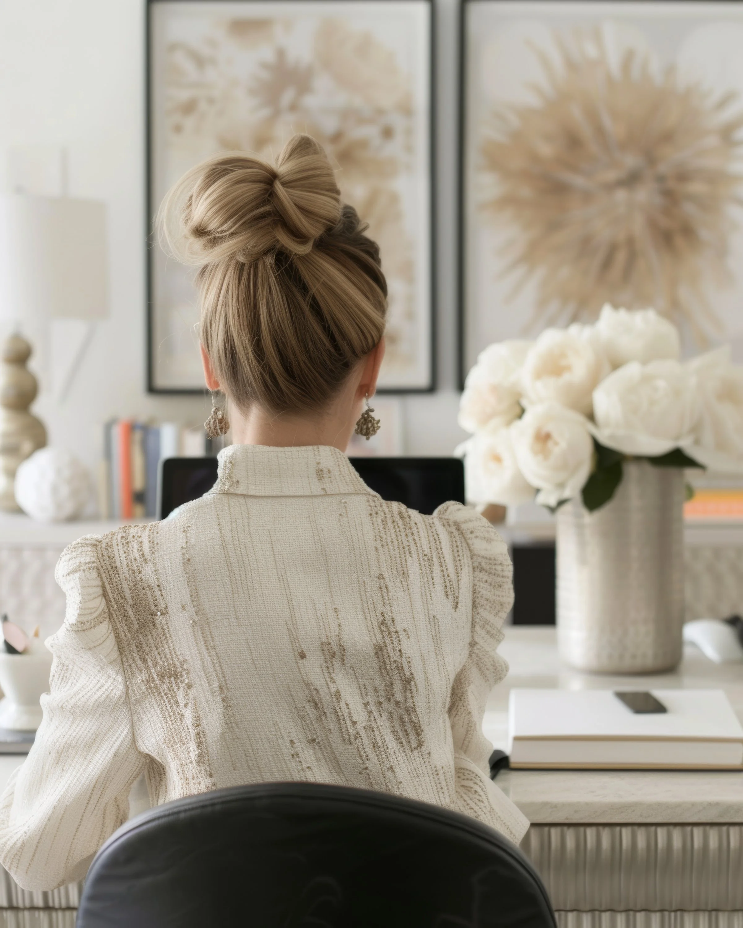 A woman with blonde hair styled in an elegant updo, wearing earrings and a patterned cream blazer, seated at a desk with a laptop in a modern, decorated office space with floral artwork and white roses in a vase.