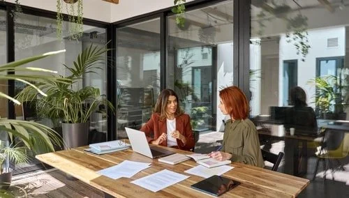 Two women having a discussion at a wooden table in a modern office with large glass windows and plants.