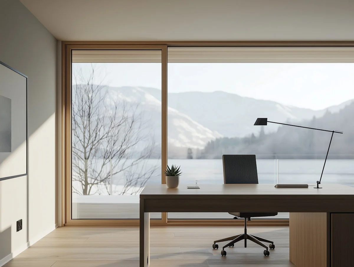 Modern home office with large window overlooking mountains, a desk with a black chair, plant, lamp, and a few decorative items.