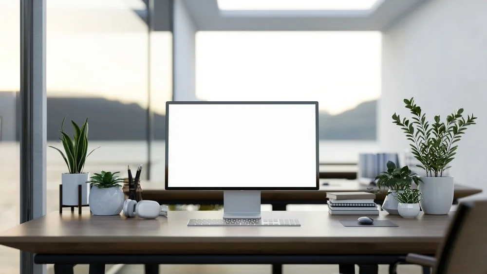 Modern office desk with a computer, potted plants, books, and office supplies near a large window overlooking a scenic view.