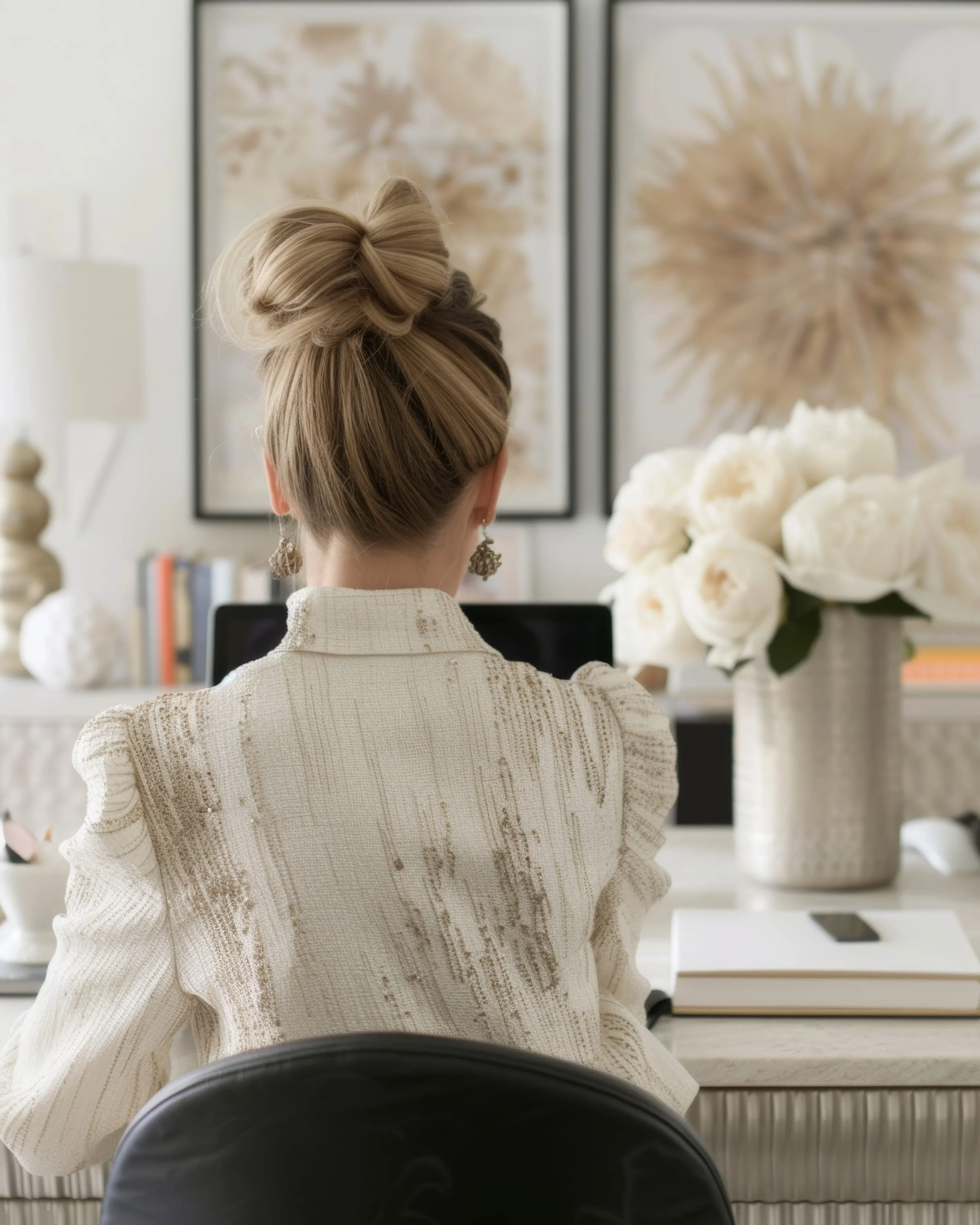 Woman with styled blonde hair in a large bun, viewed from behind, working at a desk in a modern, decorated home office or living room.