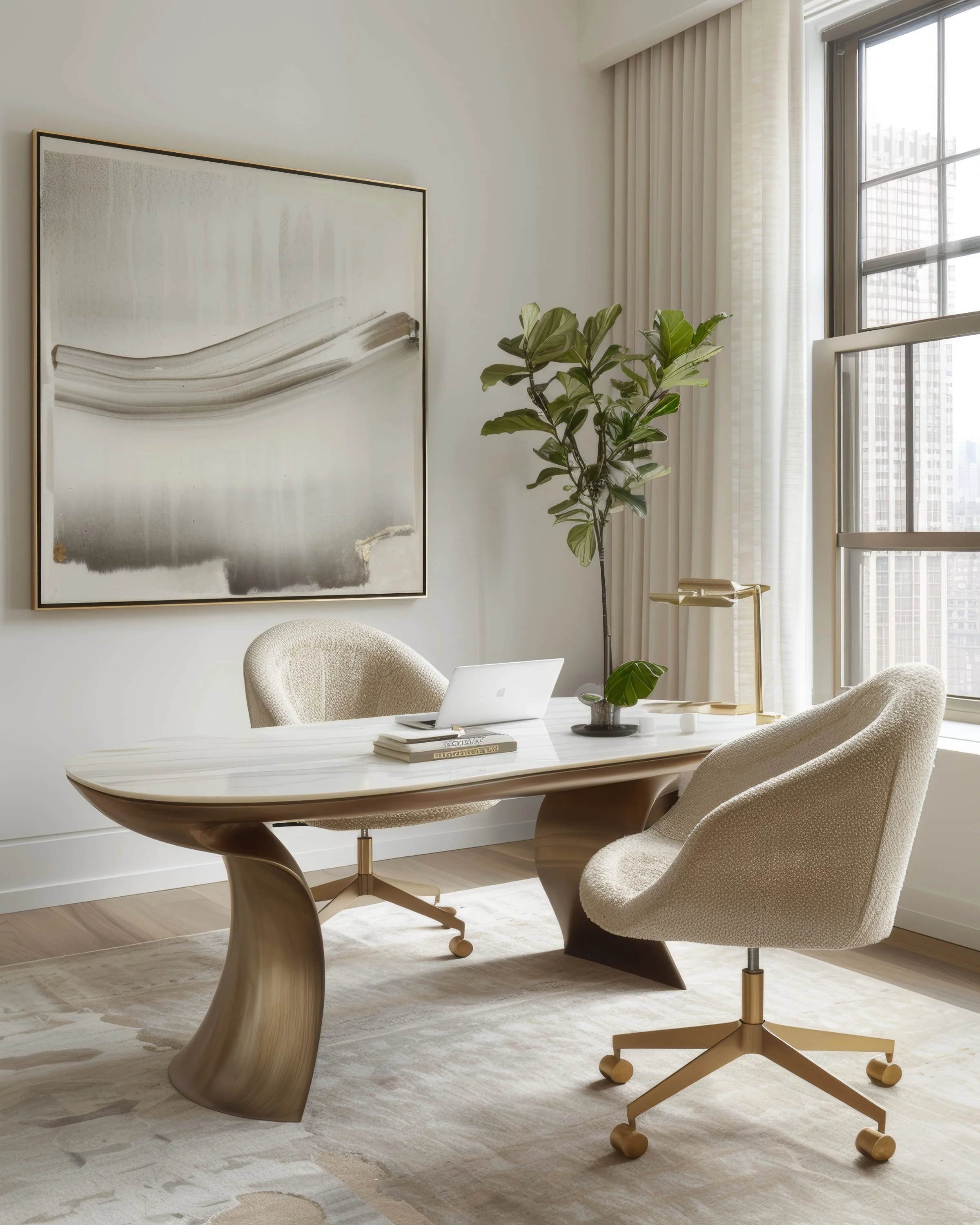 A modern office space with a wooden desk, two beige swivel chairs, a large abstract painting on the wall, a tall potted plant, a desk lamp, a laptop, and a window with blinds and city view.