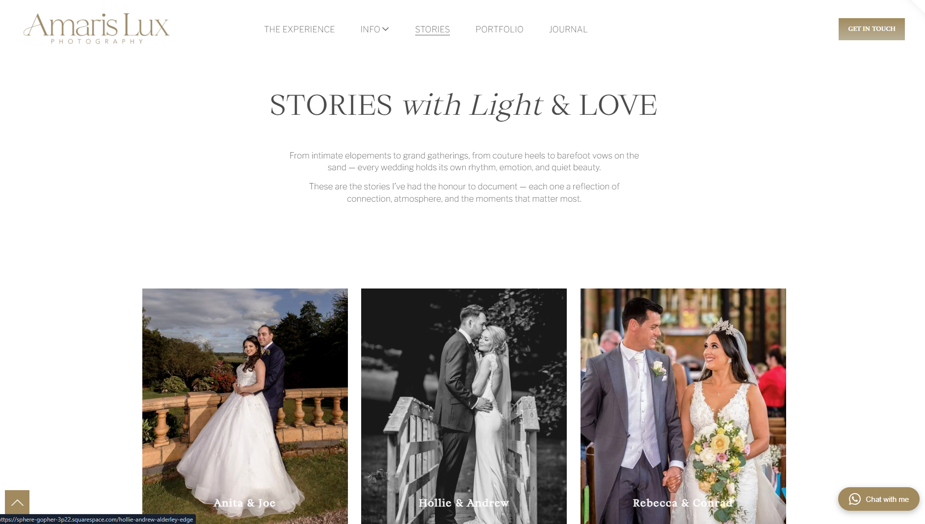 Website homepage for Amaris Lux Photography featuring wedding stories with three photos of couples, one in color and two in black and white, with captions: Anita & Joe, Hollie & Andrew, Rebecca & Conrad.