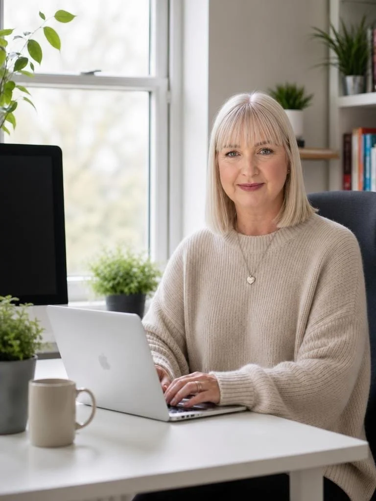 A woman with blonde hair and a light beige sweater sitting at a white desk with a MacBook, in a bright home office with green plants and a bookshelf.