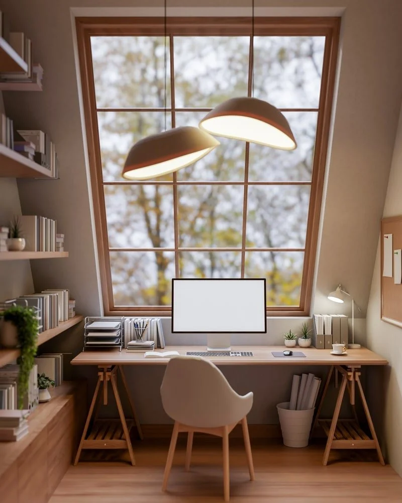 Home office with a large window, a white desk, a monitor, various books and plants, a white chair, and pendant lights.