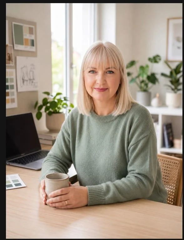 A woman with blonde hair and a green sweater sitting at a desk with a mug in her hands, in a well-lit room with plants and artwork in the background.