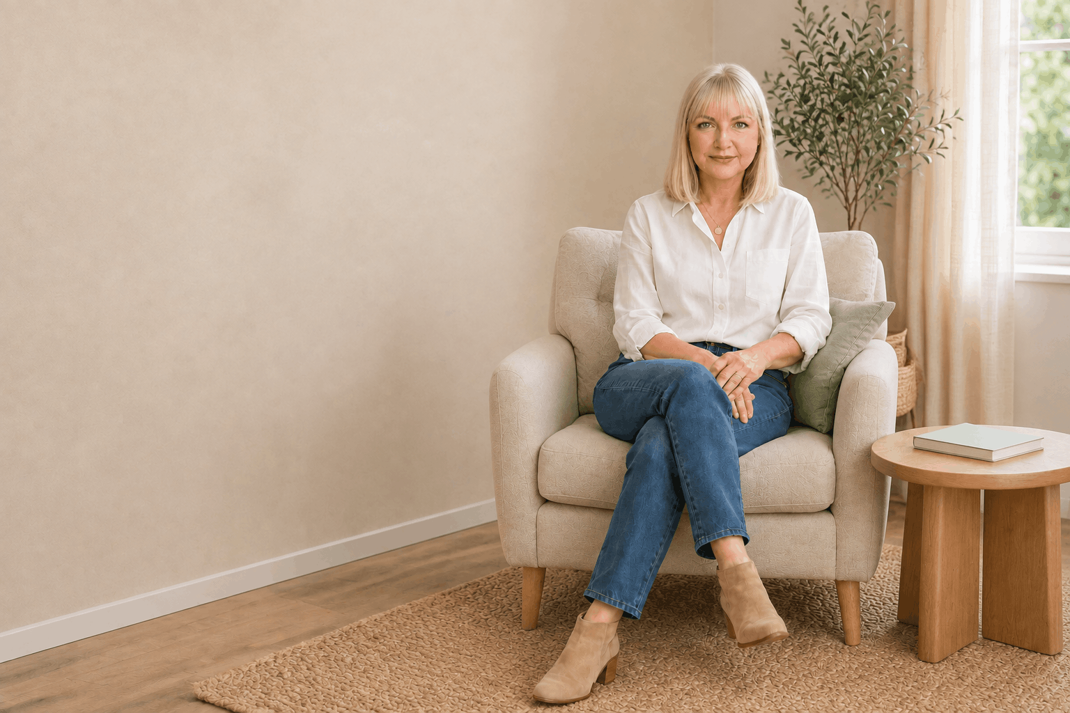 A woman with blonde hair sitting on a beige armchair in a living room, wearing a white shirt and blue jeans, with a window and a plant in the background.