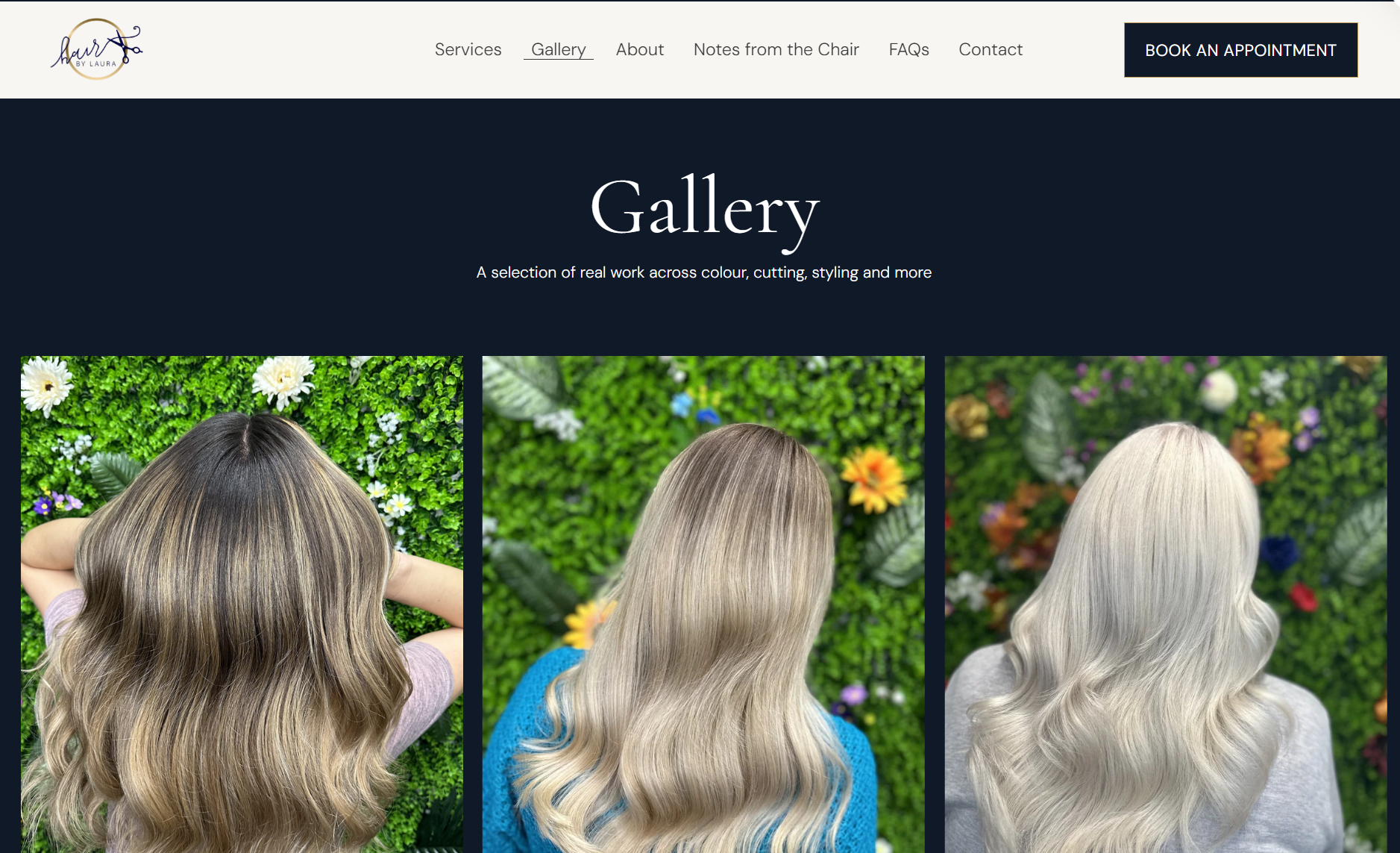 Three women with different blonde hair colors and styles, viewed from the back, standing in front of a green wall with flowers and leaves.