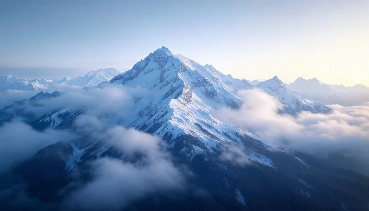 Snow-covered mountain peaks with clouds and a clear sky in the background.