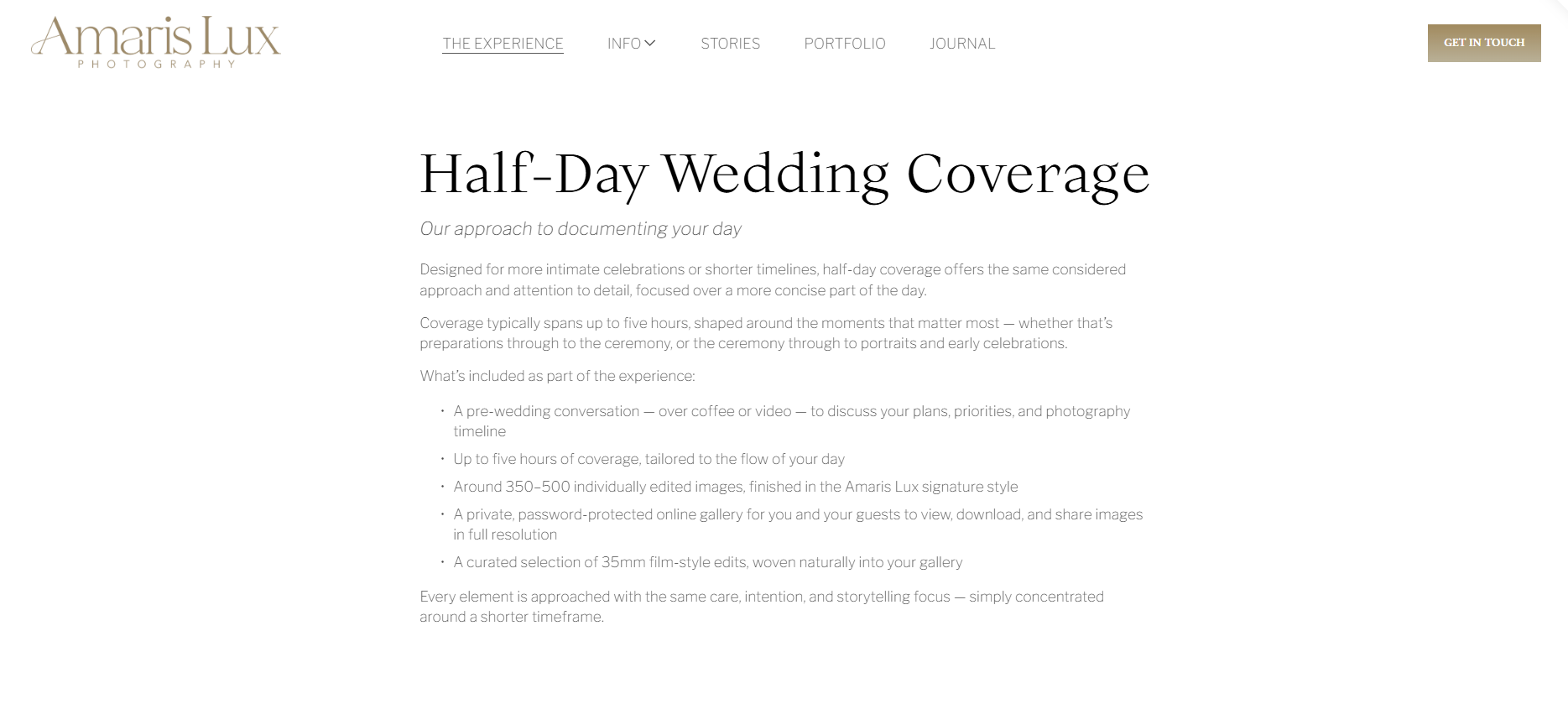 Screenshot of Amaris Lux Photography website page about half-day wedding coverage, describing services such as pre-wedding consultation, five hours of coverage, 350-500 edited images, online gallery, and film-style edits.