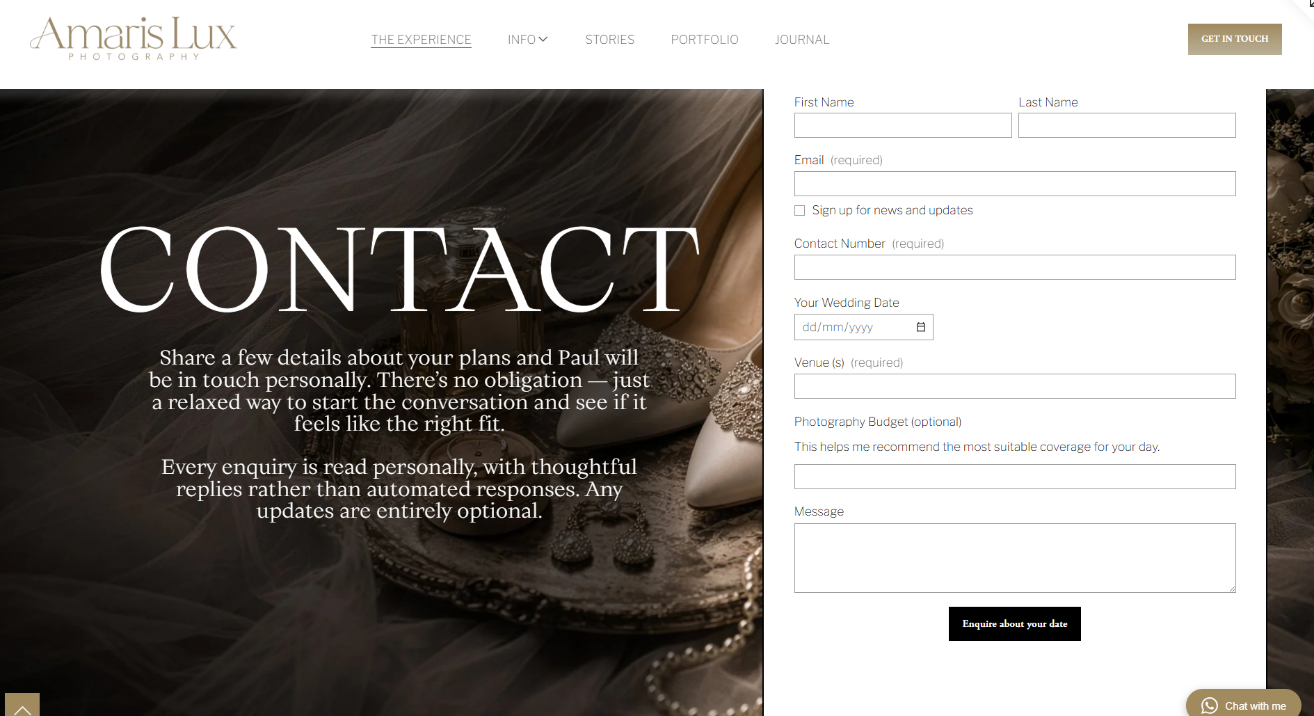 Contact page of Amaris Lux Photography website featuring wedding accessories and a contact form to share plans with the photographer.