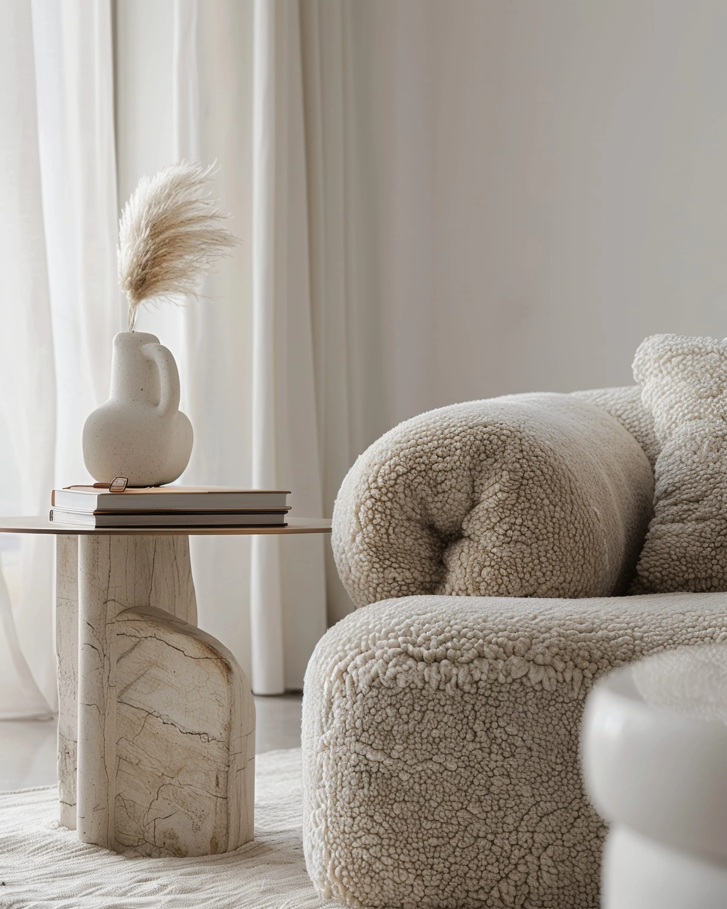A modern living room corner featuring a beige textured sofa, a small side table with a decorative ceramic vase and a book, and a background of light-colored curtains.