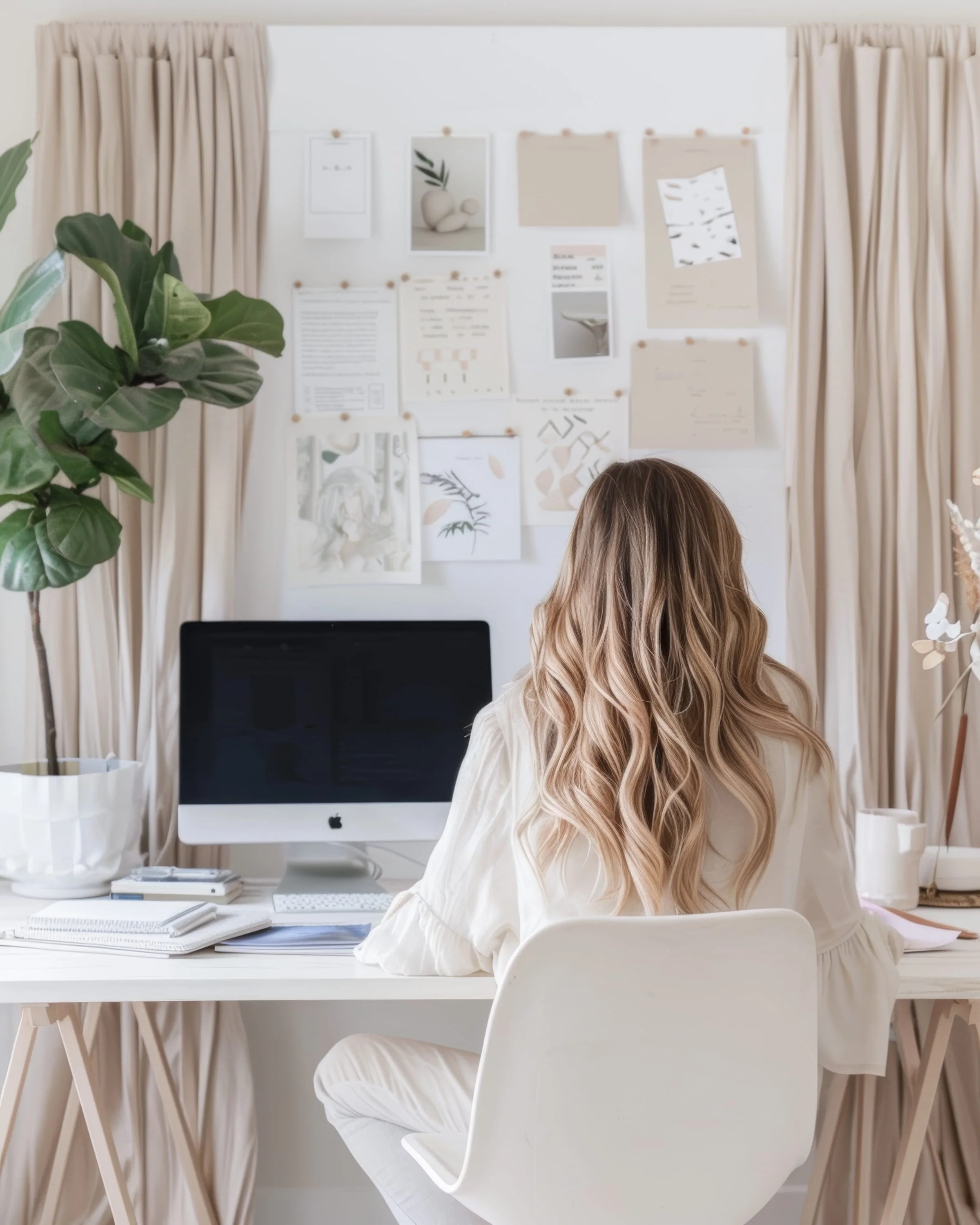 A woman with long wavy blonde hair sitting at a white desk, facing a computer monitor, with a wall decorated with papers and art behind her, in a cozy room with beige curtains and a large potted plant.
