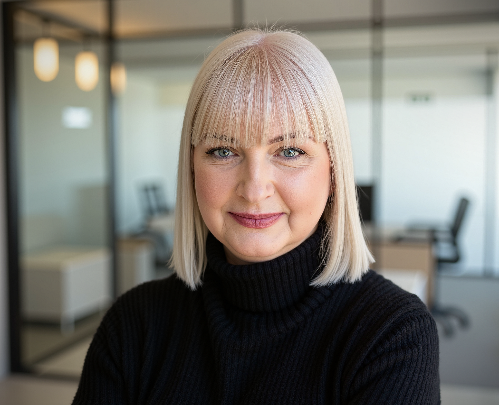 A woman with blonde hair, blue eyes, and a black turtleneck sweater smiling in an office setting.