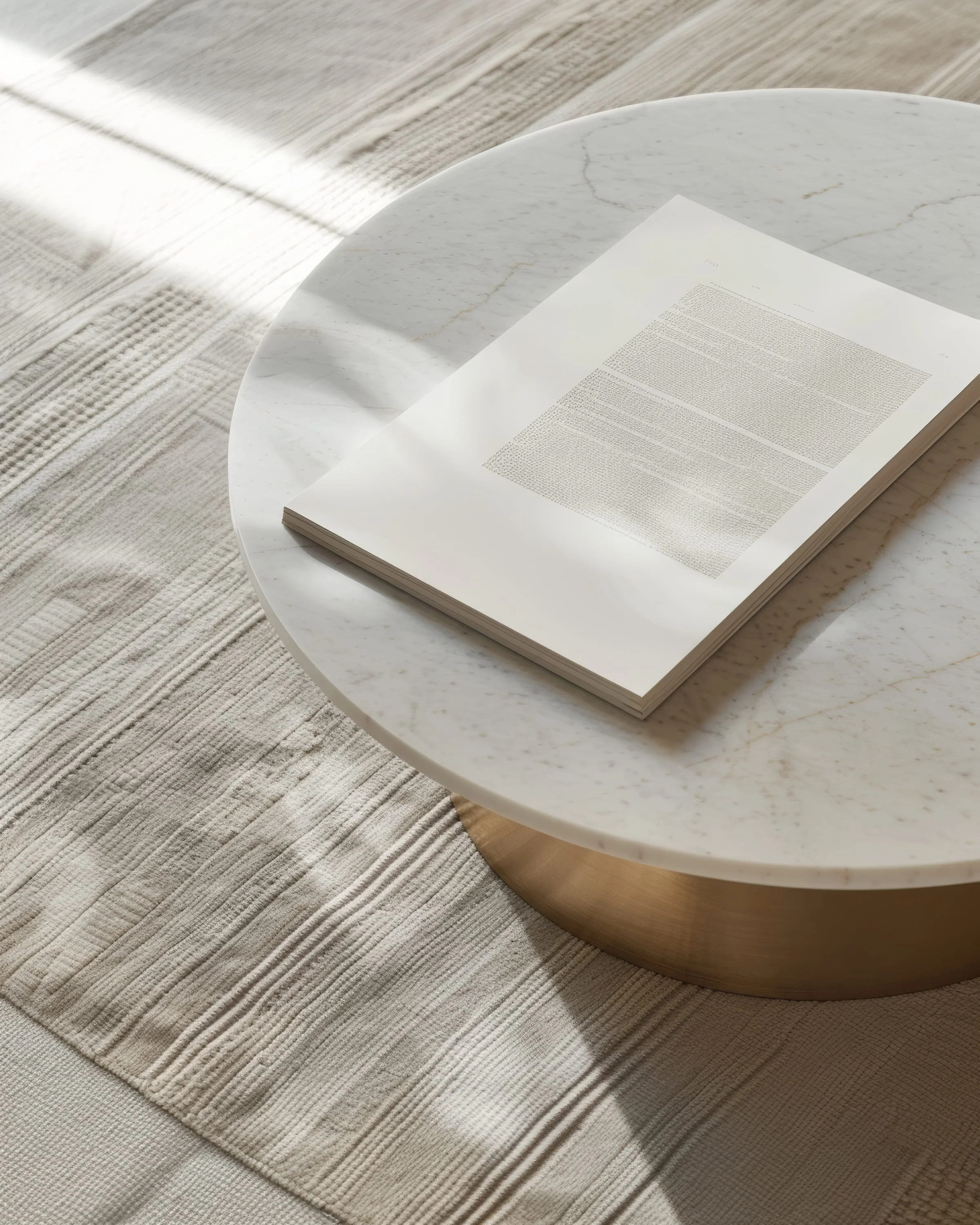 Open book on a white marble round table with a gold base, placed on a cream-colored textured rug, sunlight streaming in.