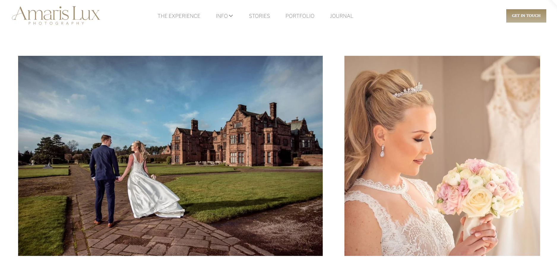 A bride and groom walking hand in hand outside a large historic mansion on a sunny day, with the bride wearing a white wedding dress and the groom in a dark suit. Another image shows a close-up of a bride holding a bouquet of flowers, wearing a lace wedding dress and a tiara, with a wedding dress hanging in the background.