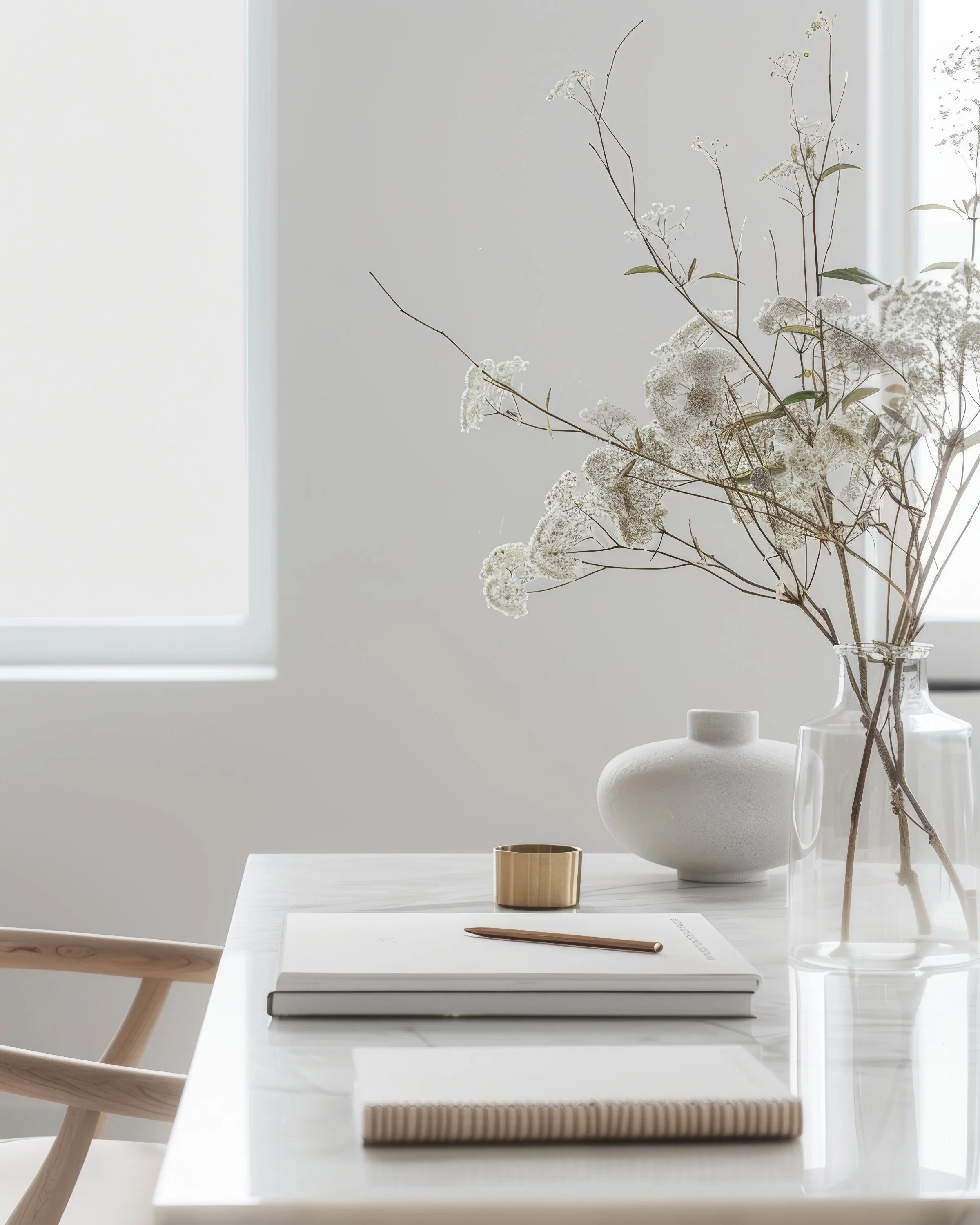 Minimalist workspace with a white desk, a wooden chair, an open notebook with a pencil, a beige cup, and decorative white vases with dried flowers, illuminated by natural light from a large window.
