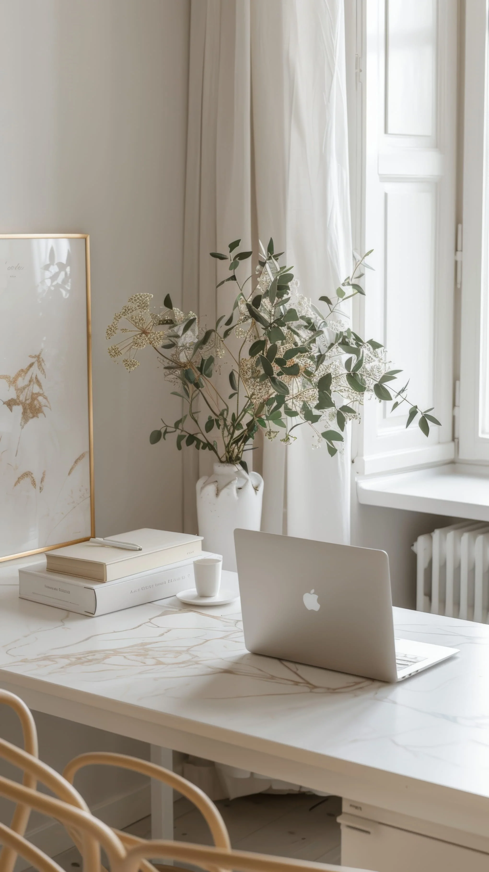 Minimalist workspace with a white marble desk, open MacBook, stacked books, and a cup. Behind, there is a white vase with greenery, a framed art piece, and a window with white curtains allowing natural light into the room.