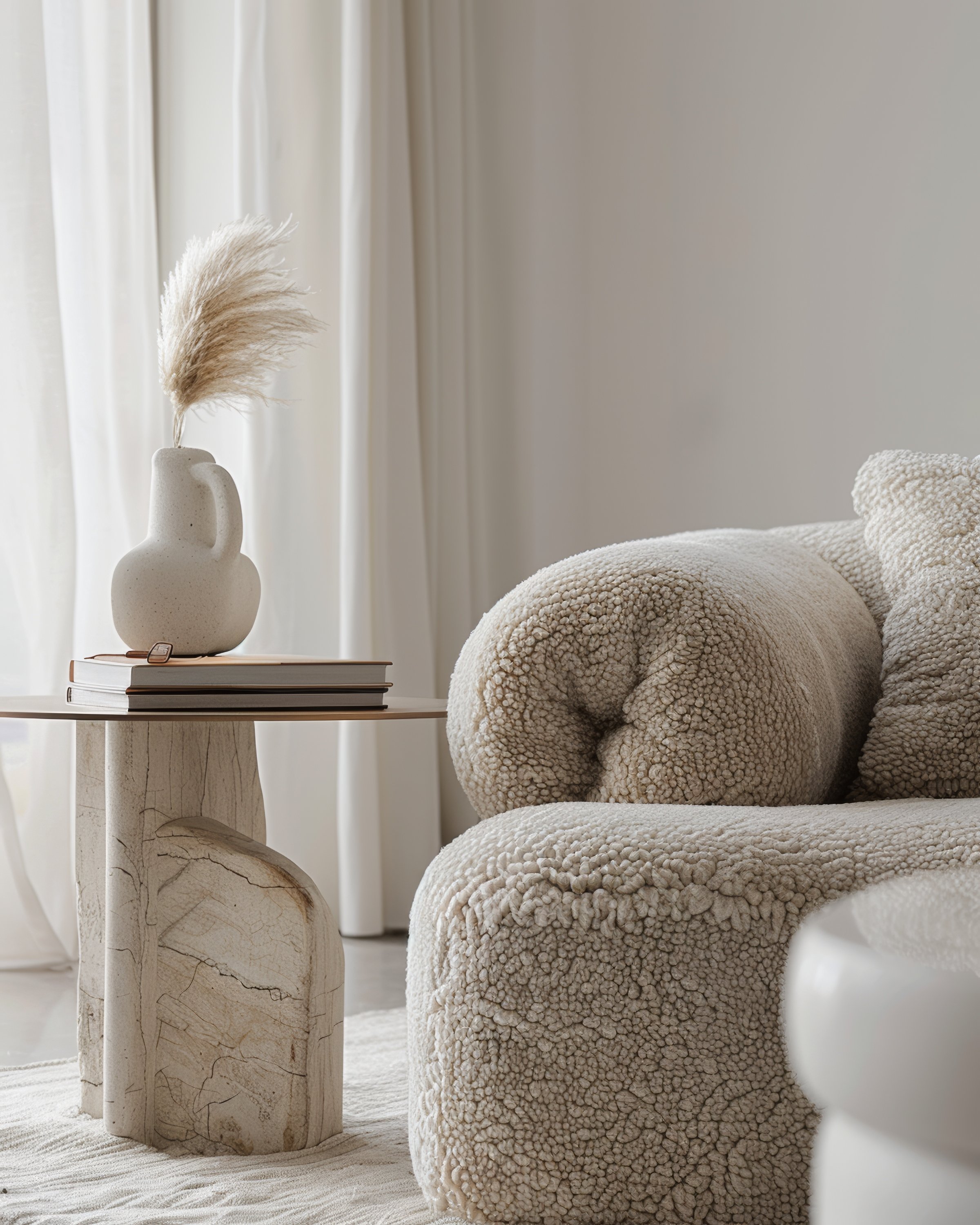 Modern living room with textured beige armchair, decorative beige vase with dried pampas grass on a coffee table, and sheer white curtains in the background.