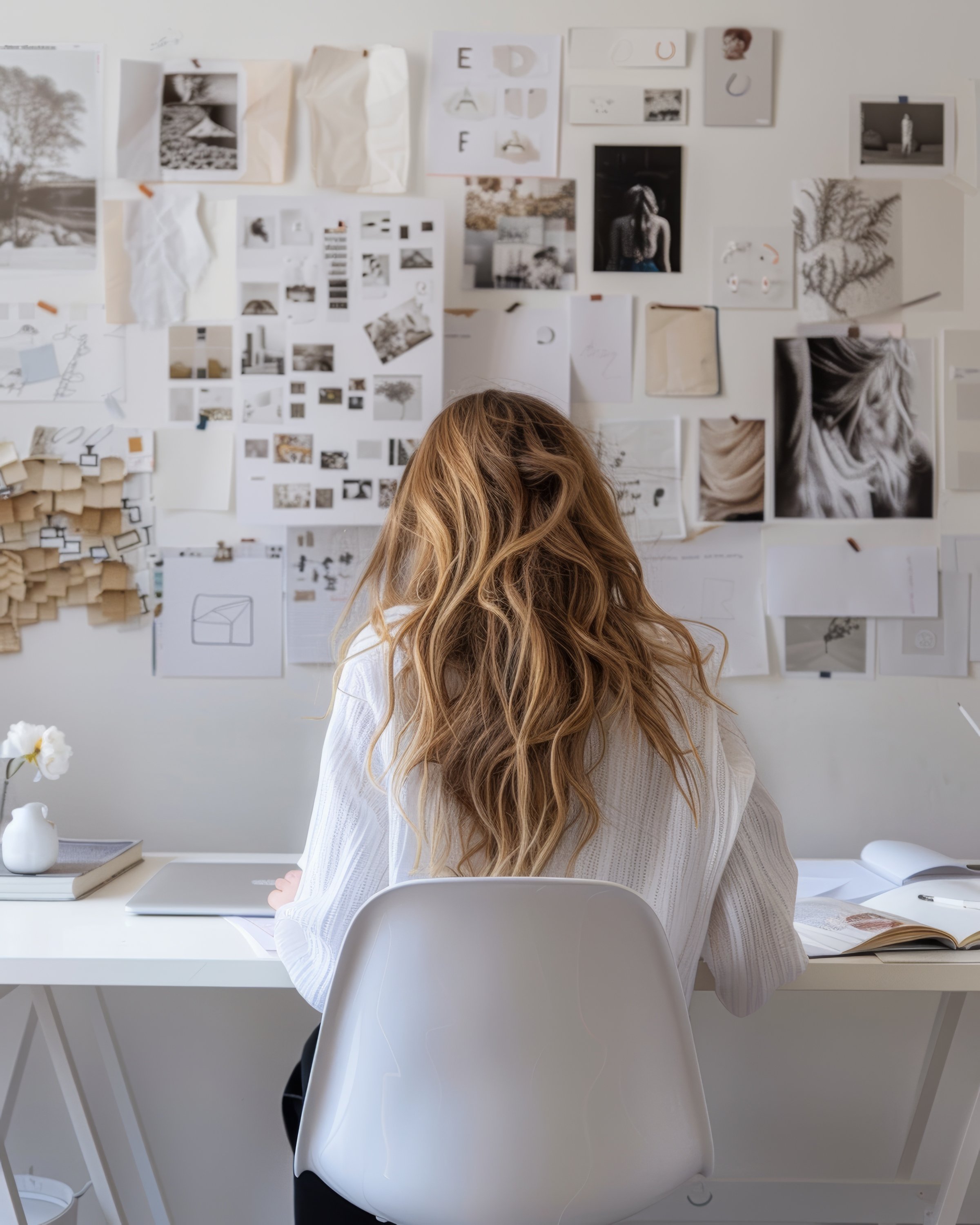 Person with long, wavy blonde hair sitting at a white desk, facing a wall covered with various photographs and design sketches, in a minimalist workspace.