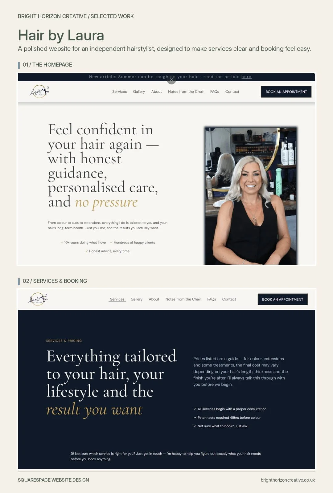 Screenshot of a hairstylist's website called 'Hair by Laura,' featuring a photo of Laura, a smiling woman with platinum blonde hair, sitting in a salon. The website promotes personalized haircare services and booking appointments.