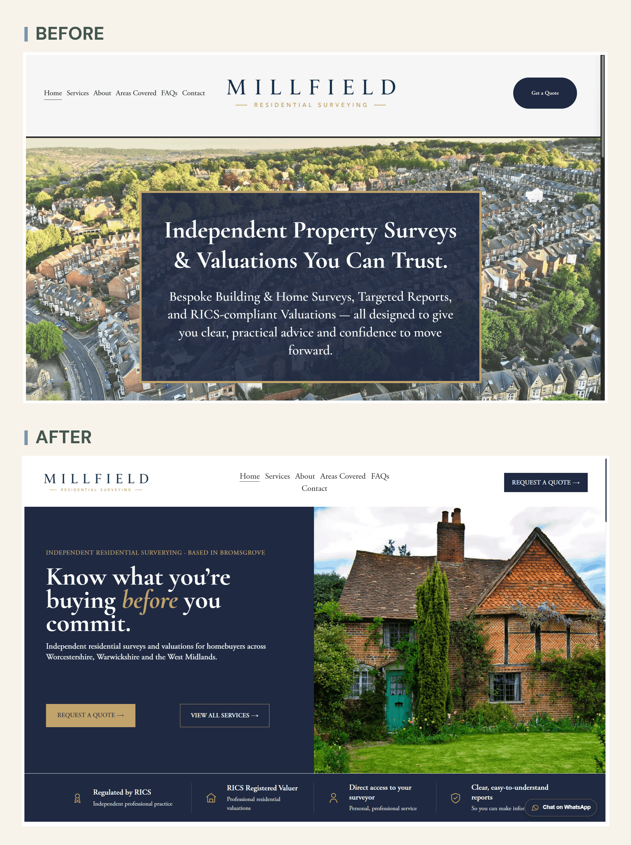 Webpage screenshot of Millfield Residential Surveying with before and after sections. The 'before' section shows an aerial view of a residential neighborhood with trees and houses. The 'after' section shows an old house with red brick walls, a tiled roof, and a garden with plants and trees.
