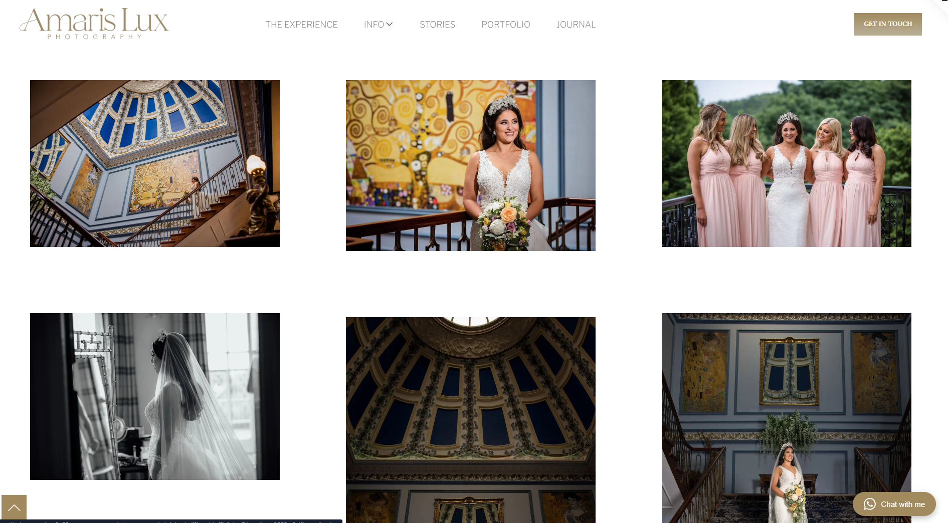 Collection of wedding photography, including a bride in a white gown, bridal party, ornate interior architecture, and artwork.