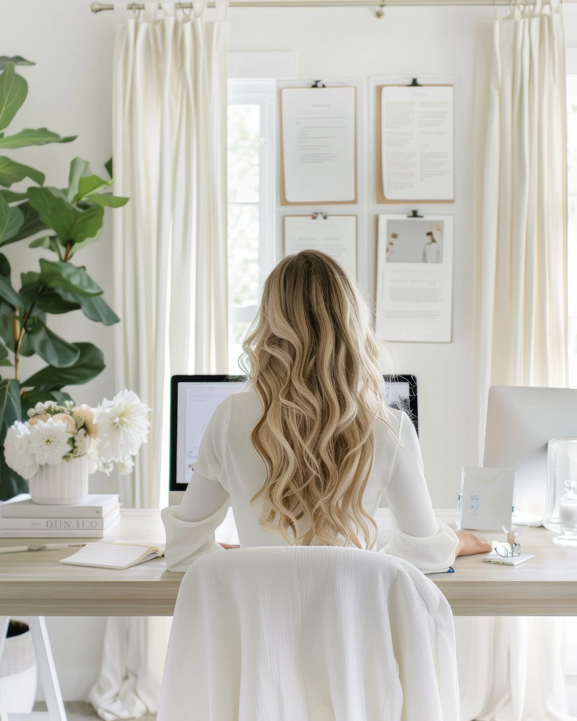 Woman with long blonde hair sitting at a white desk in a bright room with white curtains and framed documents on the wall, working on a computer.