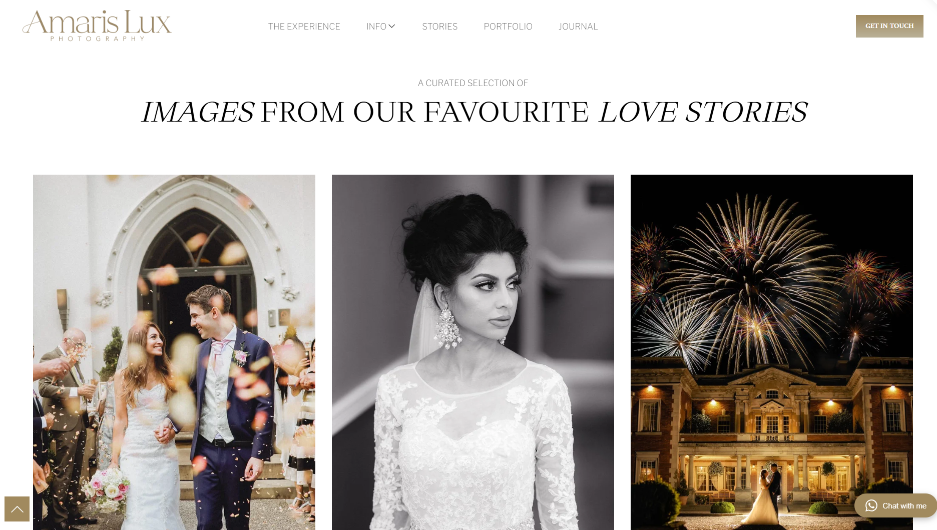 Website homepage for Amaris Lux Photography featuring images from wedding love stories including a wedding couple surrounded by confetti, a black-and-white portrait of a bride, and a fireworks display over a large estate with a wedding couple in front.