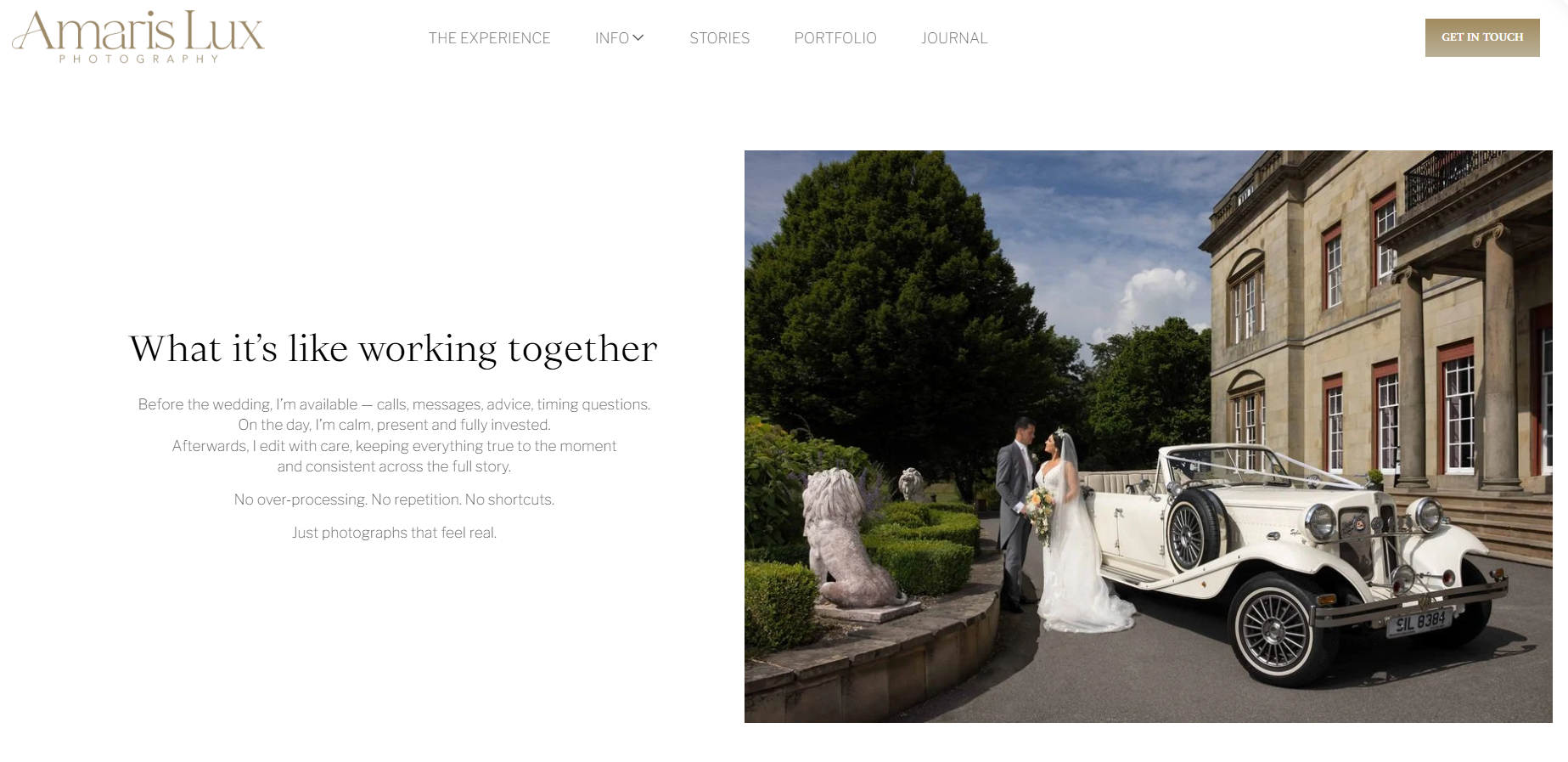 A bride and groom standing next to a vintage white car outside a grand building with columns, on a sunny day with blue sky and trees in the background.