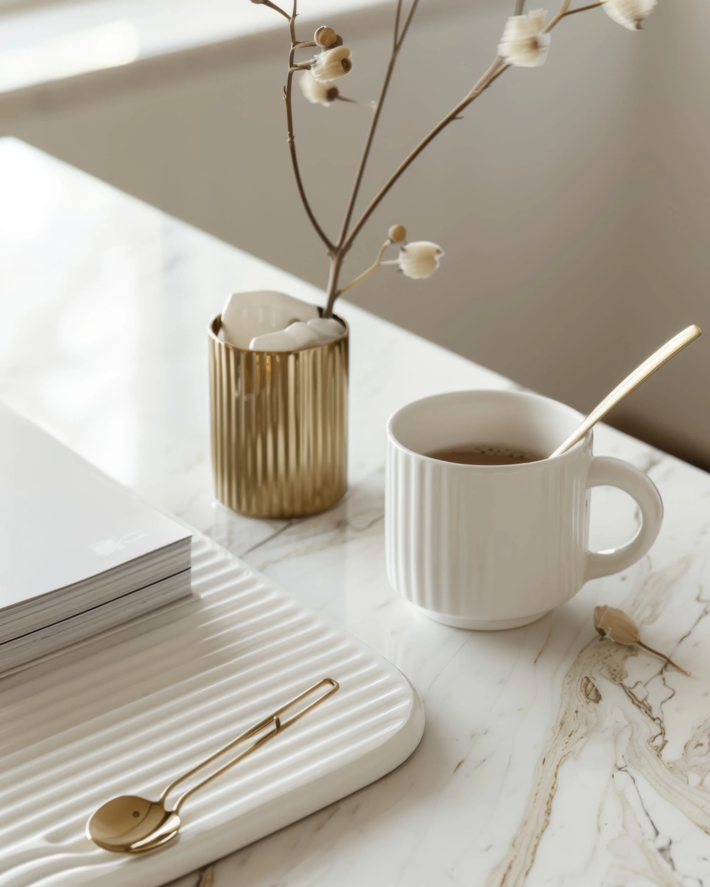 A white mug filled with coffee and a spoon, a vase with dried flowers, a gold and white striped container, a gold spoon, and a white notebook on a marble surface.