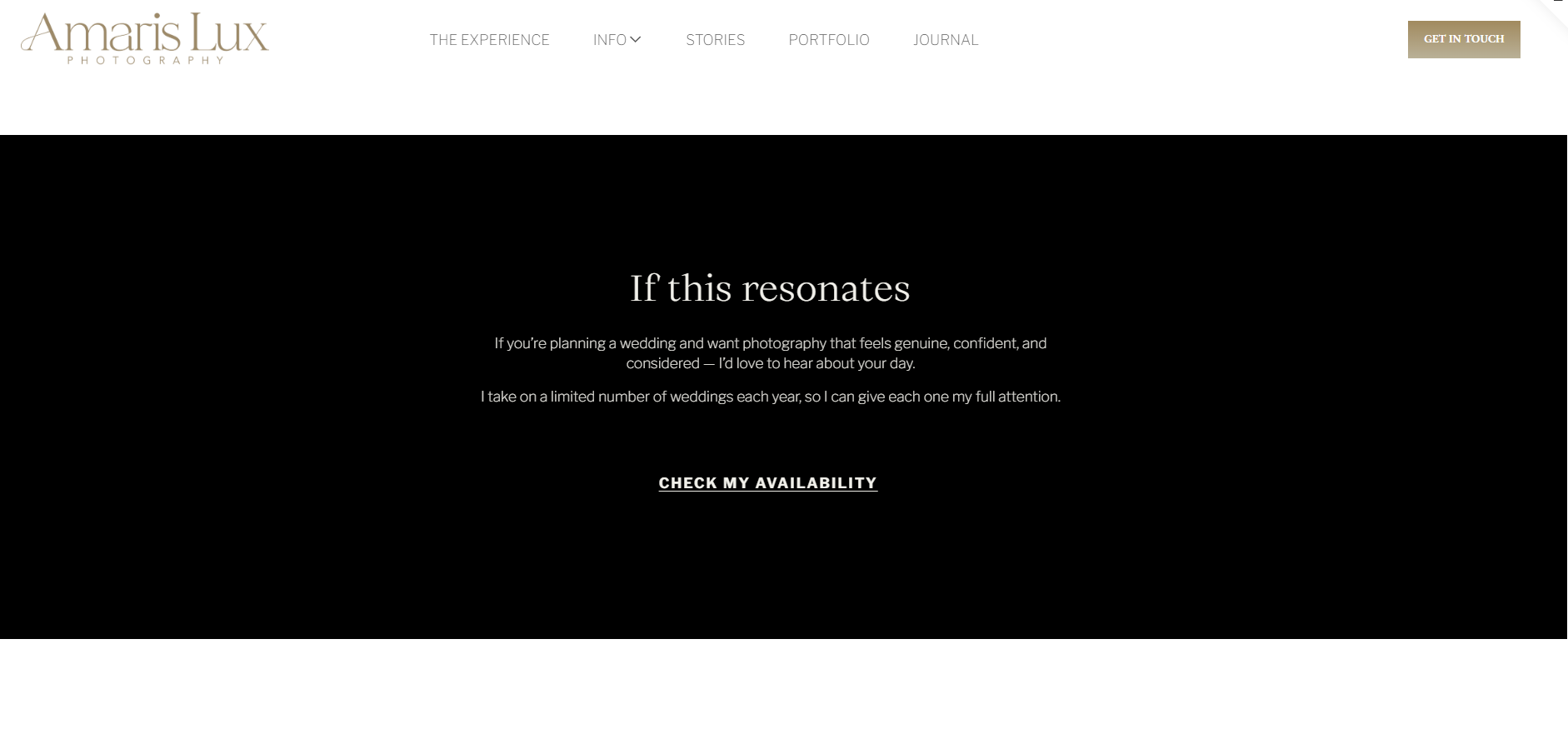 Screenshot of a website homepage for Amaris Lux Photography featuring a black background section with white text promoting wedding photography services, plus navigation menu and a "Get in Touch" button.