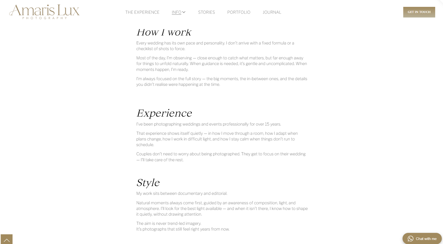Screenshot of Amaris Lux Photography website with the 'How I work' section, describing her approach, experience, and style in photography.