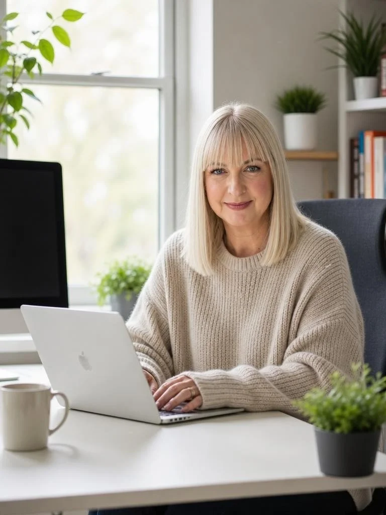 A woman with blonde hair and bangs, sitting at a white desk in a well-lit room, using a silver MacBook laptop, with a coffee mug and potted plants on her desk, and books on shelves behind her.