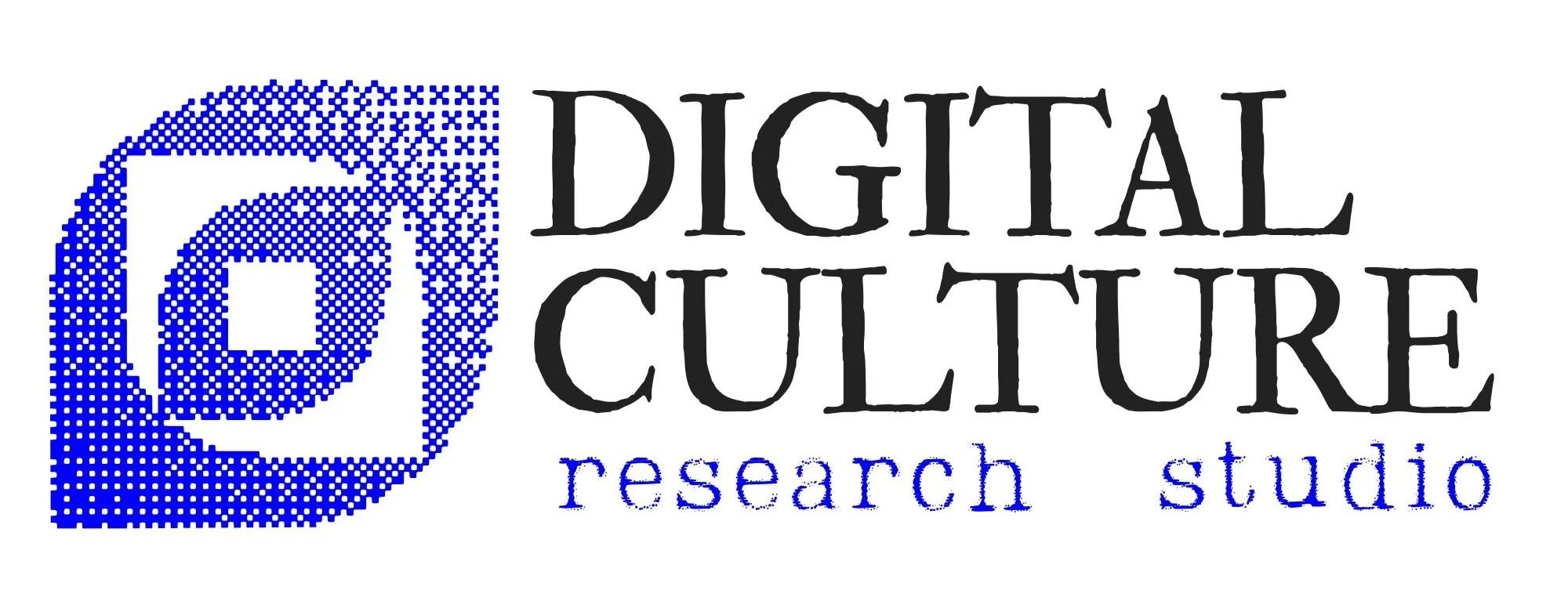 Logo of Digital Culture Research Studio with stylized blue digital pixel art of letter D and the words 'Digital Culture' in black and 'research studio' in blue.