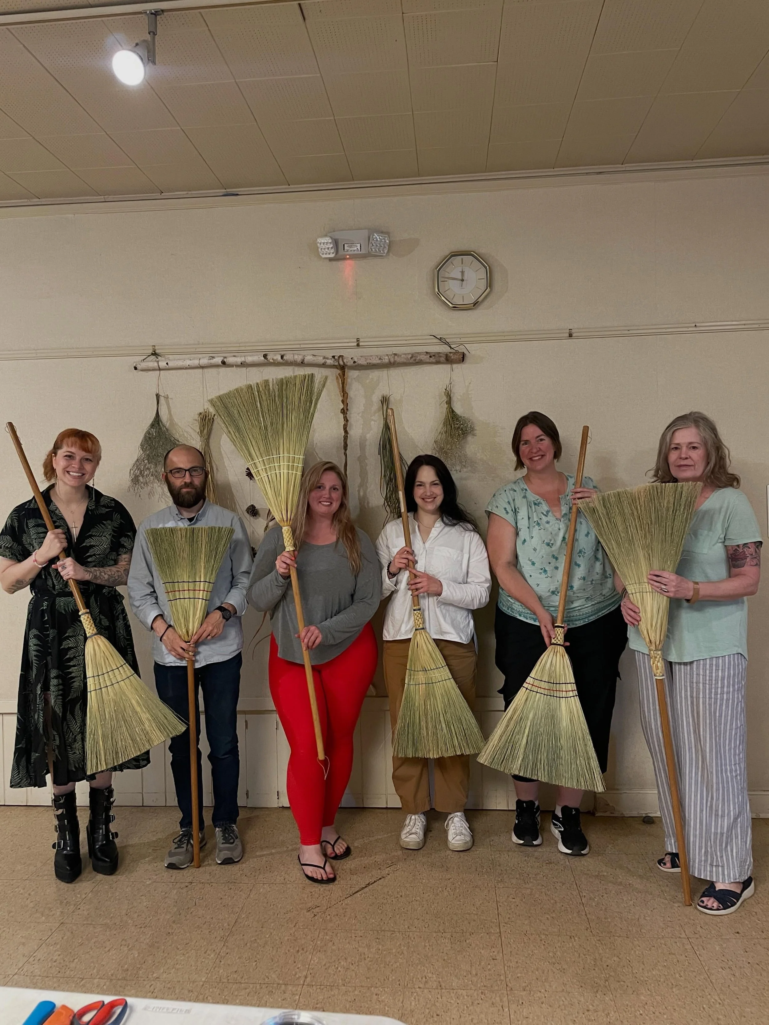 Look at all these beautiful brooms! This past weekend I taught a 2-day house broom workshop. These students took to the craft like naturals, and were excited to spend a weekend learning how to make a functional tool for their home. Two days of stitch