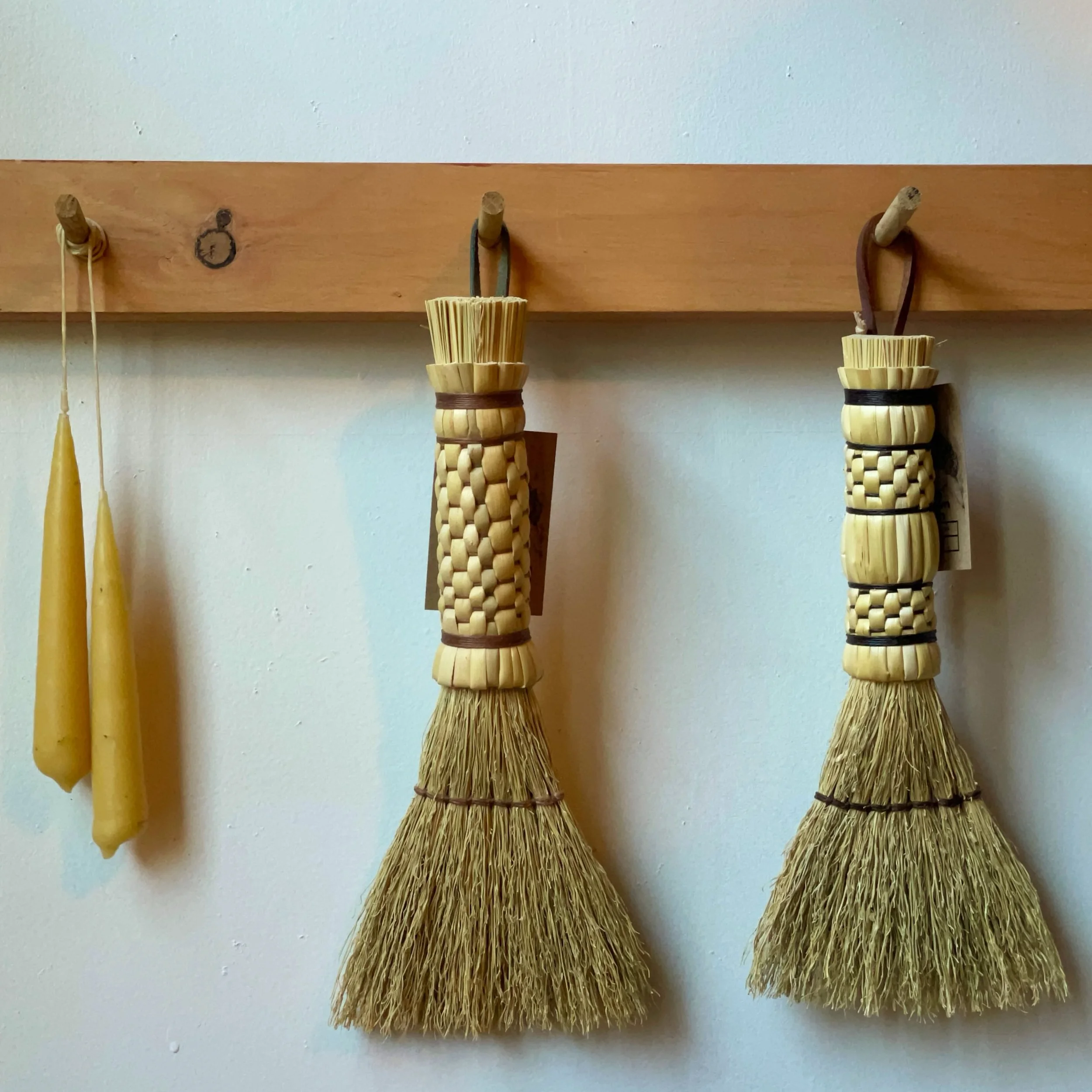 Stitched, woven and ready for a peg wall.

Shop stitched whisk customizable on our website to design your own brush!