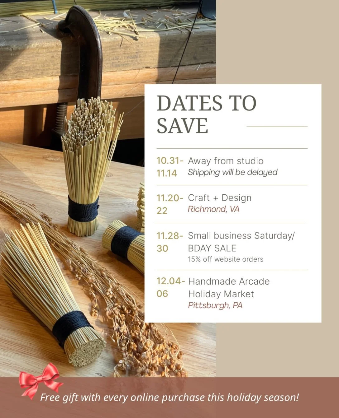 Here&rsquo;s what&rsquo;s cooking at Husk HQ !

🐚Away 10/31-11/14. Shipping will be delayed during this time until end of Nov. depending on order. 

🎨Two remaining in-person events:
Nov. 20-22 Craft + Design @visartsrva 
Dec.4-6 Holiday Market @han