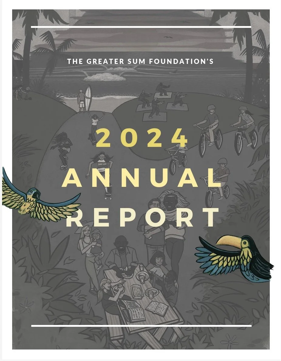 Cover of The Greater Sum's 2024 Annual Report, illustrated with a tropical beach scene