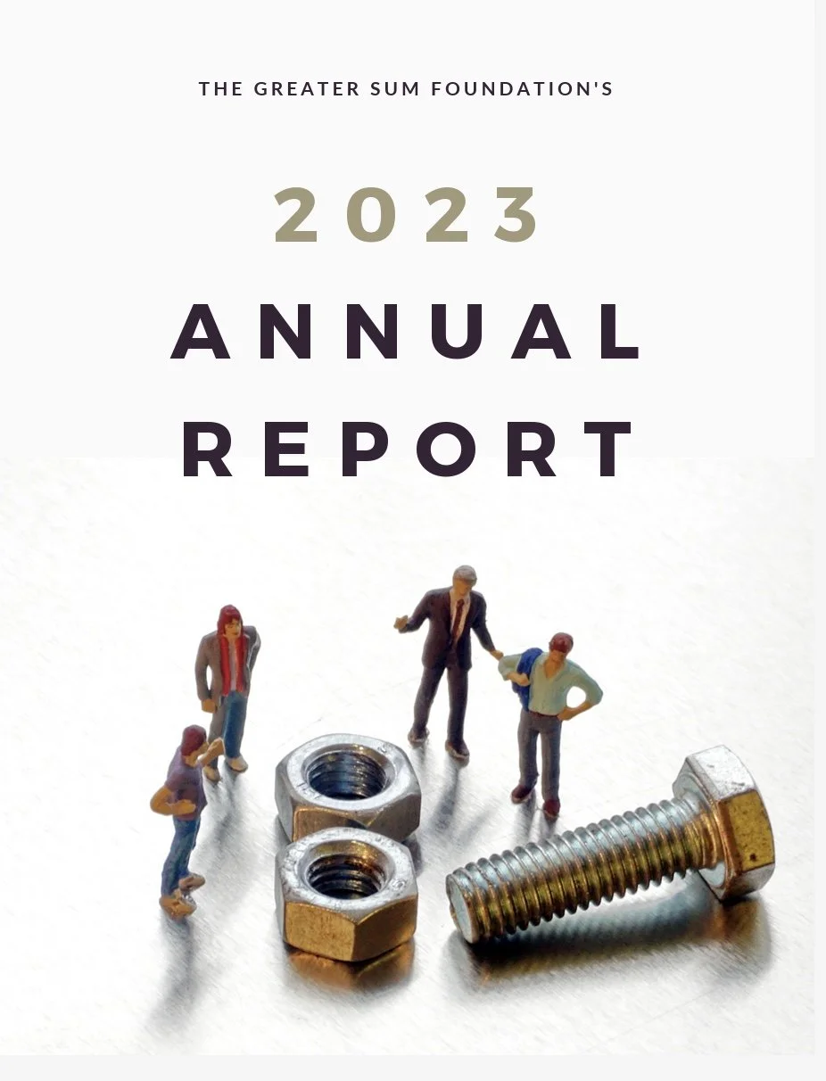 Cover of The Greater Sum's 2024 Annual Report, featuring small figurines looking at a bolt and screws that are larger than them