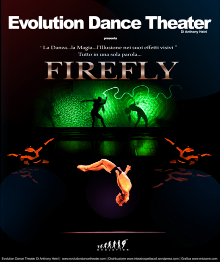 Poster for Evolution Dance Theater's 'Firefly' show, featuring dancers in glowing costumes against a vivid green and black background.