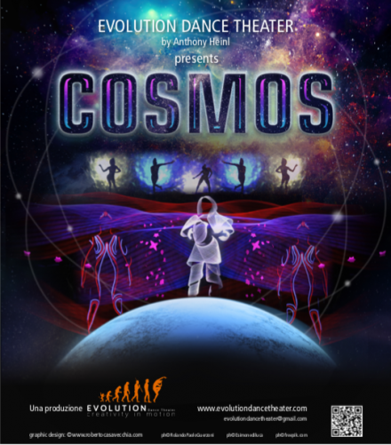Promotional poster for "Cosmos" by Evolution Dance Theater featuring silhouettes of dancers and cosmic imagery.