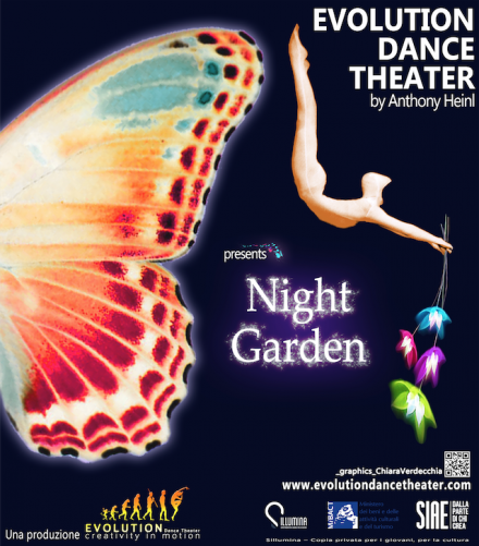 Colorful butterfly wing and dancer silhouette on "Night Garden" dance theater poster by Evolution Dance Theater.