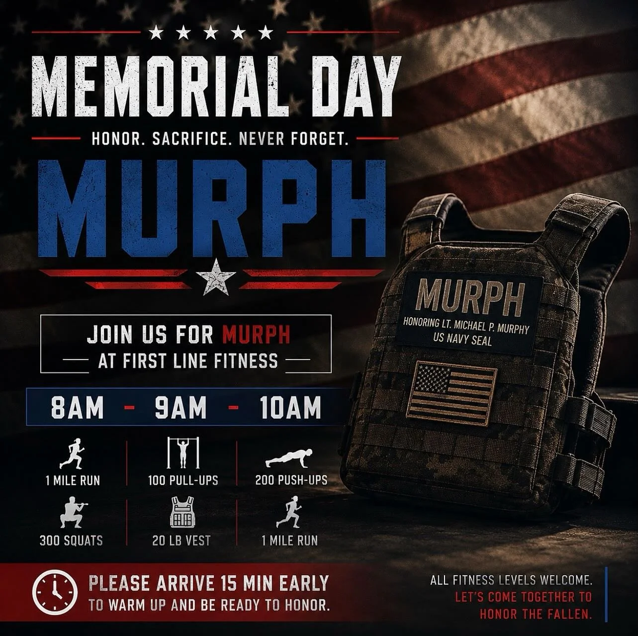 Tomorrow we honor. 🇺🇸

Join us for Murph as we come together as a community to remember and honor those who made the ultimate sacrifice.

Workout Times:
⏰ 8AM
⏰ 9AM
⏰ 10AM

All fitness levels welcome. Let&rsquo;s put in the work together ❤️💙

Plea