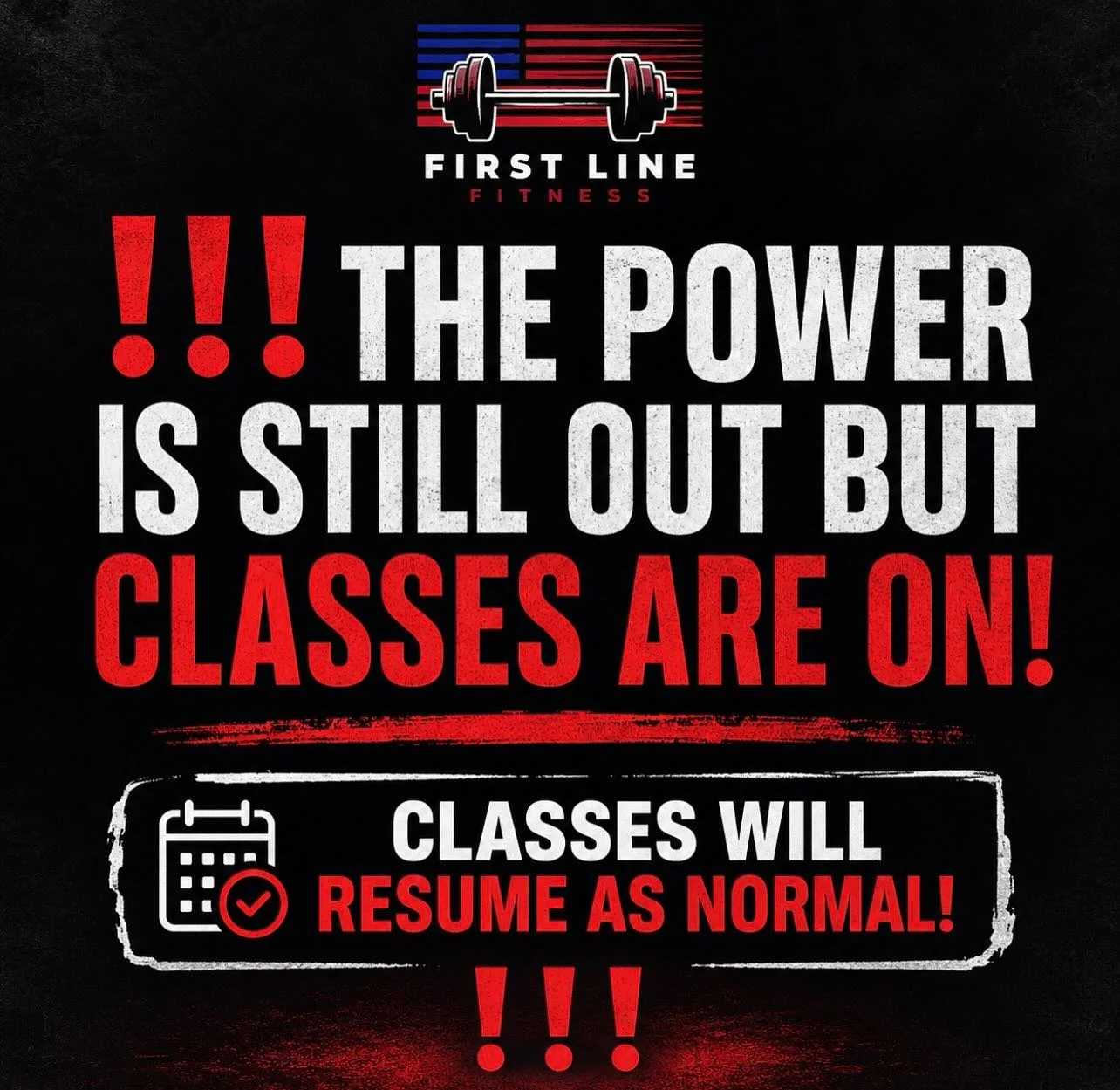 ⚠️ POWER UPDATE ⚠️
The power is still out, but classes are ON and will run as scheduled! 💪

We&rsquo;re not letting a little inconvenience stop us from getting our work in. Thank you for your patience and flexibility.
We will continue to monitor the